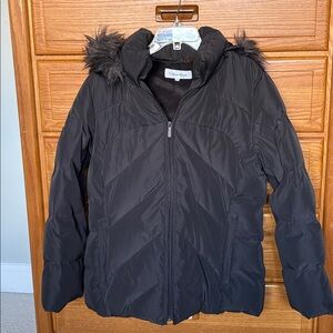 Calvin Klein Gray Faux Fur trim hooded Down Jacket Size XL